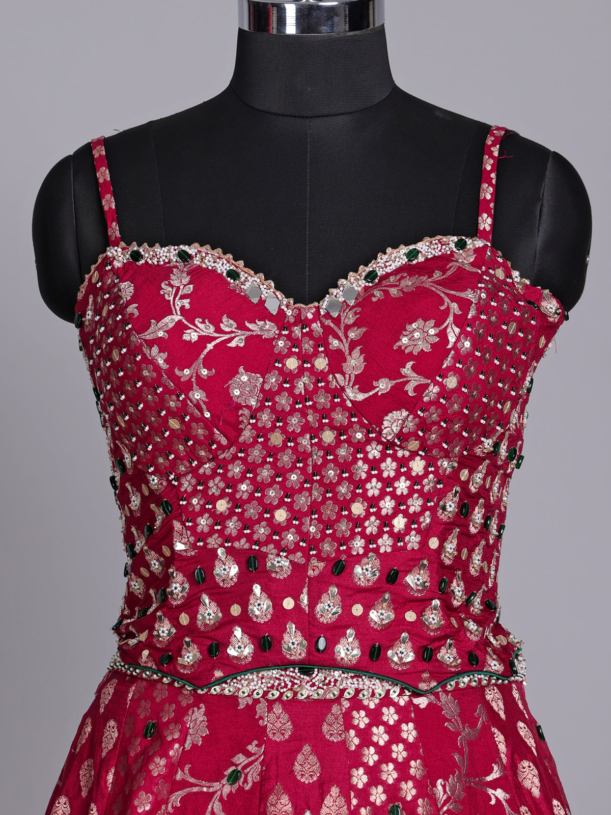 Maroon banarasi silk lehenga choli with embellished dupatta