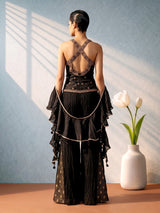 Black silk salwar suit with ruffle dupatta and palazzo