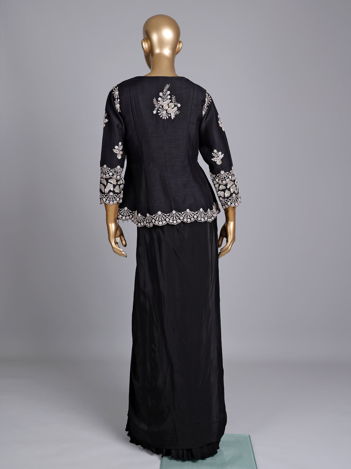Black raw silk indowestern suit with crepe palazzo