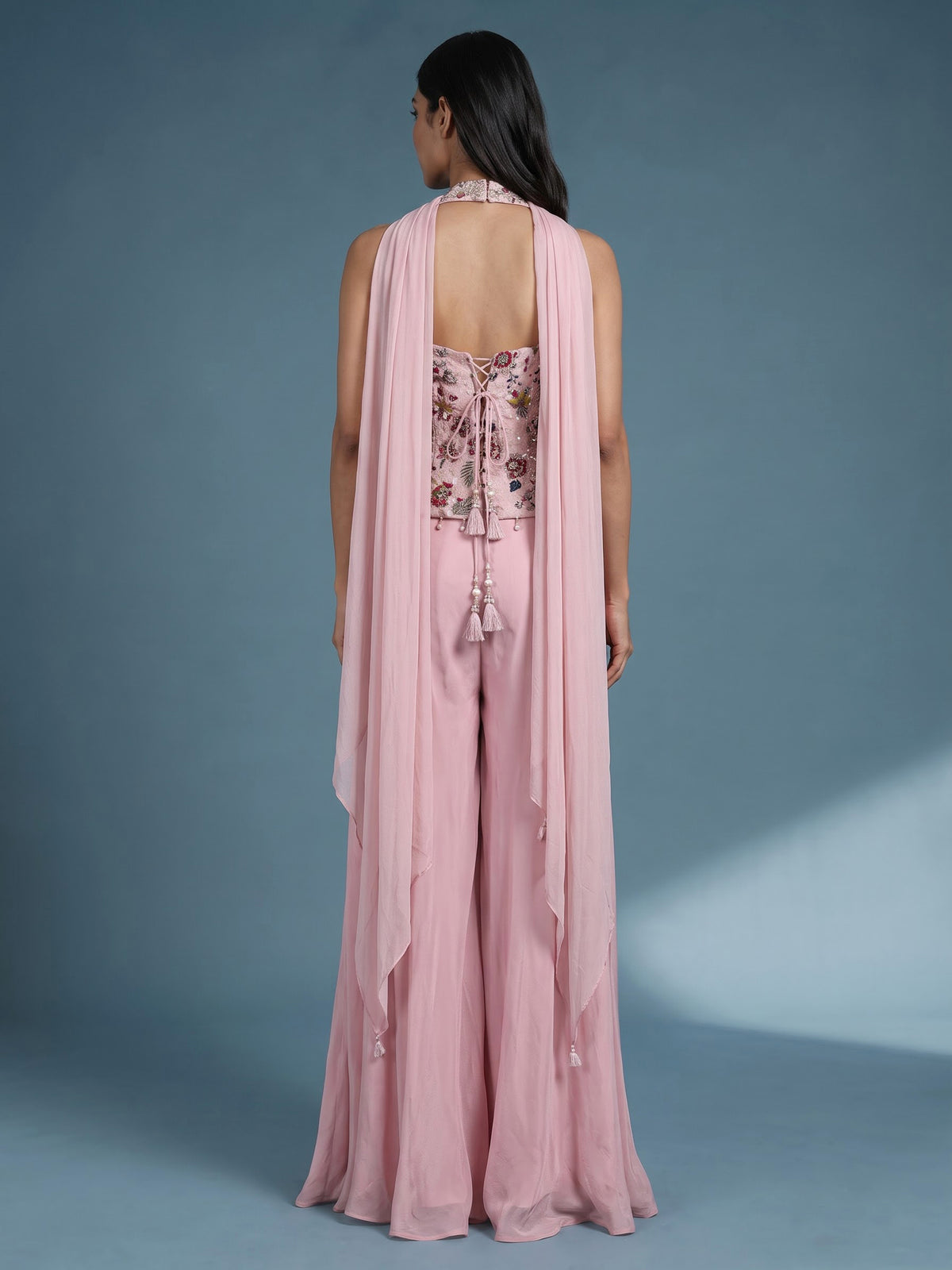 Dusty pink chiffon silk palazzo suit with embellished dupatta