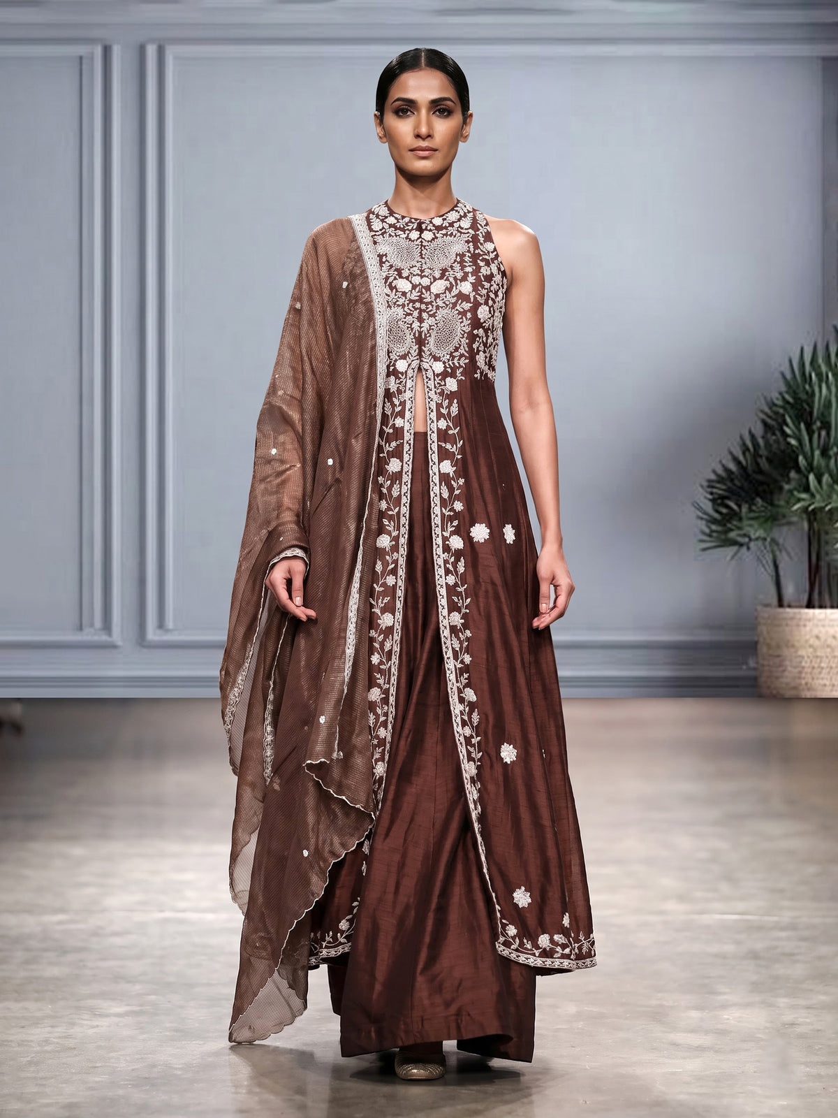 Dark brown raw silk designer palazzo suit with palazzo styling