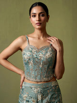Pastel pista green designer silk palazzo suit with floral dupatta