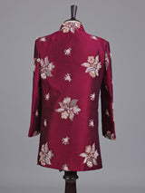 Maroon silk boys indowestern set with resham and cutdana work