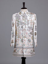 White cotton silk boys indowestern set with embroidery and gota