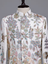 White cotton silk boys indowestern set with embroidery and gota