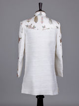 White cotton silk boys indowestern set with embroidery and gota