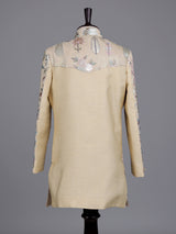 Beige cotton silk boys indowestern set with sequins and gota