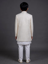 Ivory white georgette boys indowestern set with stone work