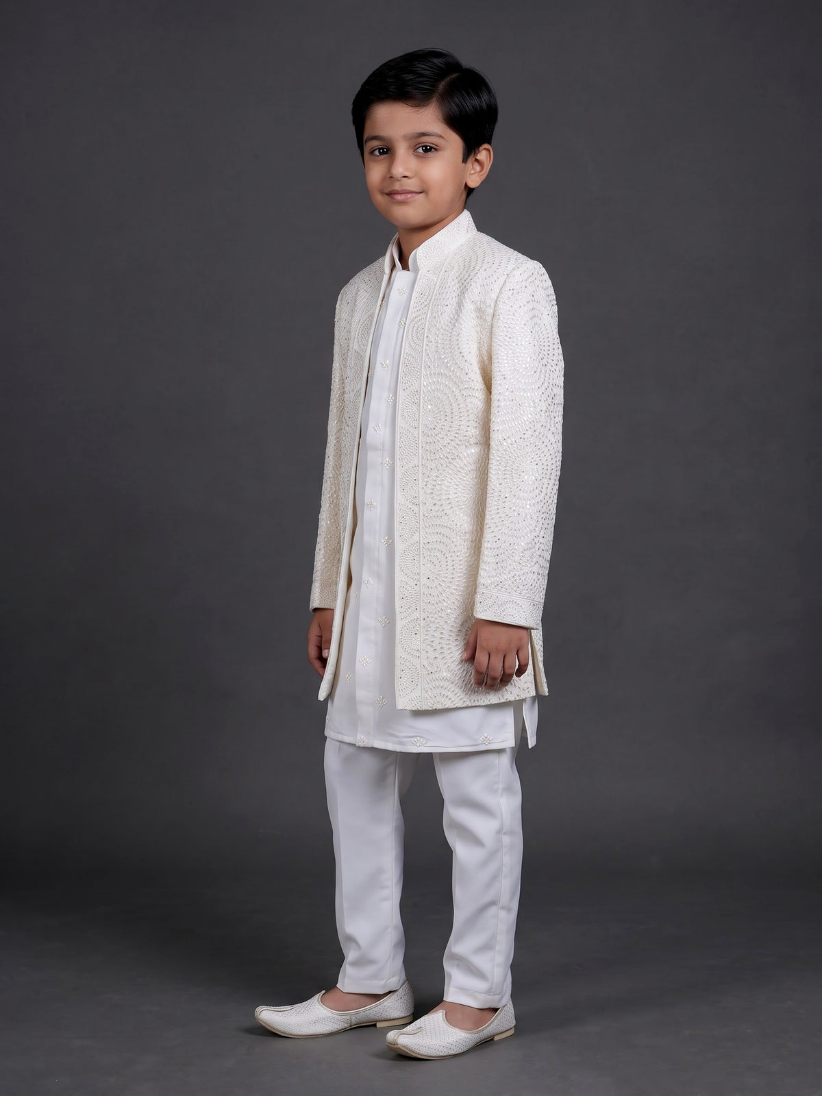Ivory white georgette boys indowestern set with stone work