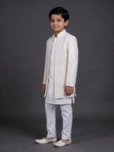 Ivory white georgette boys indowestern set with stone work