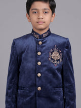 Navy velvet boys Jodhpuri suit with ornate crest detailing