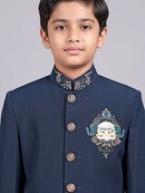 Navy terry rayon boys Jodhpuri suit with antique buttons