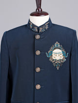 Navy terry rayon boys Jodhpuri suit with antique buttons