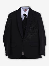 Black cotton blend boys coat suit with cutdana embellishment