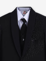 Black cotton blend boys coat suit with cutdana embellishment