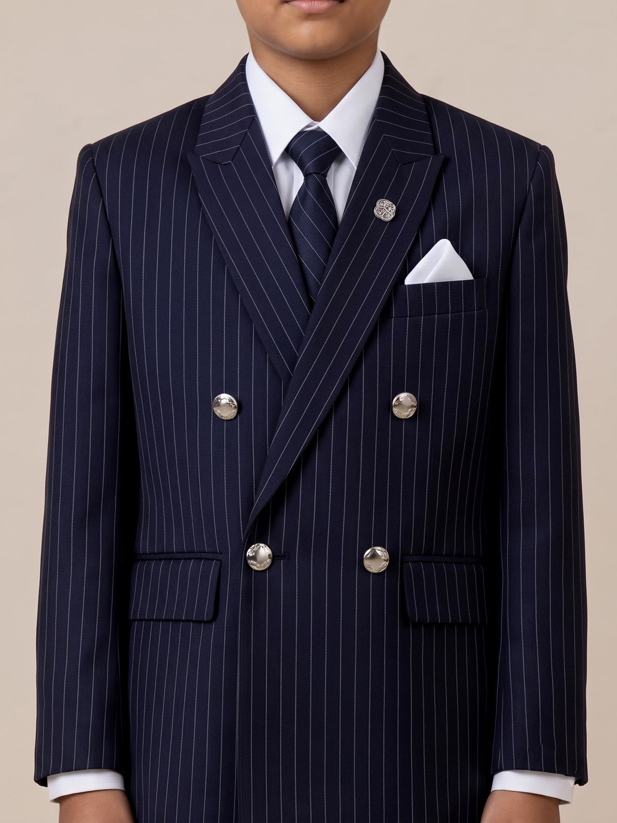 Navy terry rayon boys coat suit with double-breasted blazer