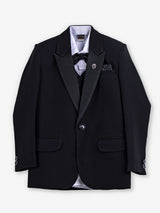 Black terry rayon boys coat suit with peak lapel details