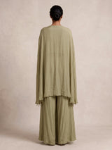 Sage green chiffon silk designer palazzo suit with tassel detailing