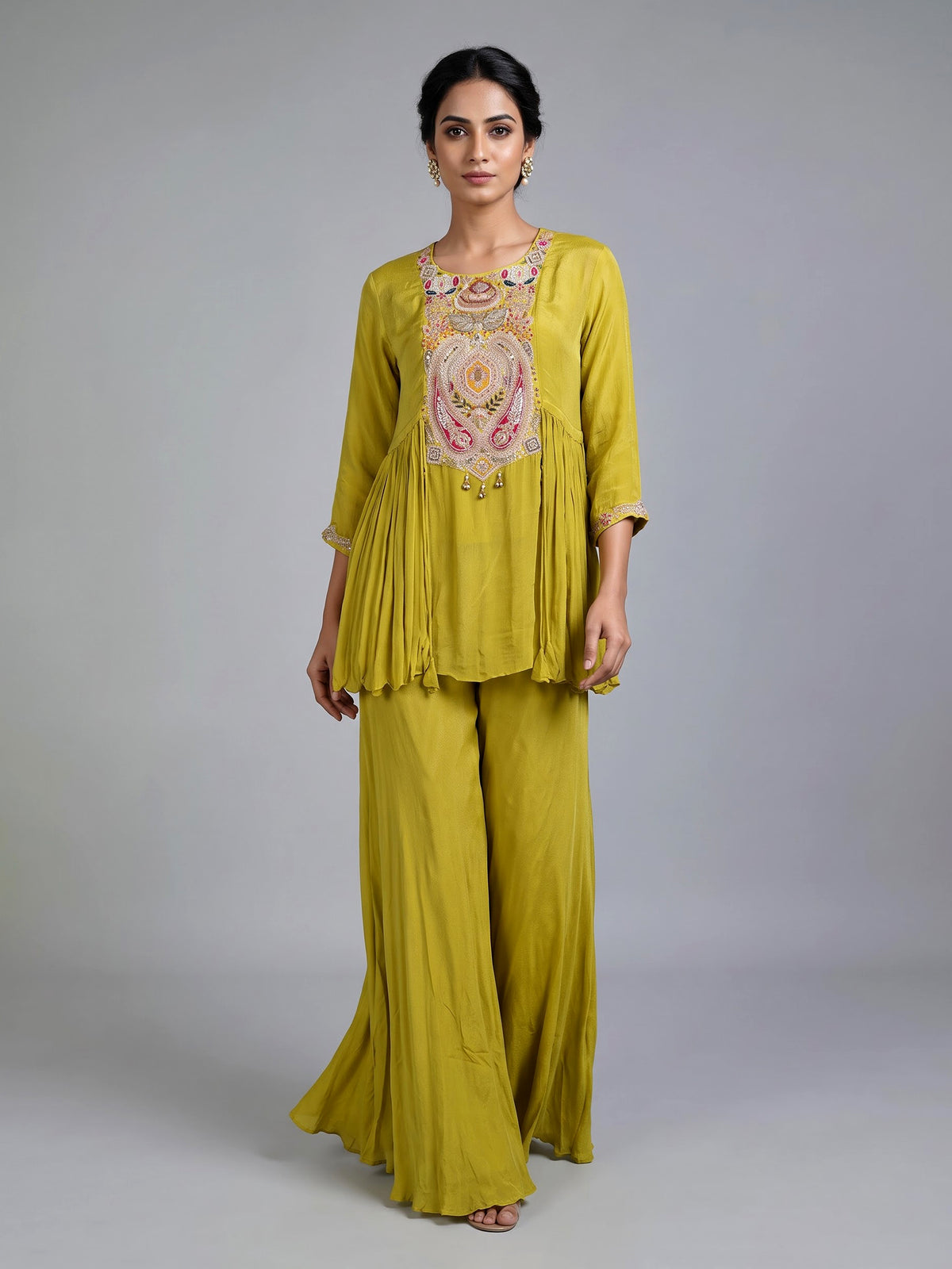 Liril green chiffon silk designer palazzo suit with gota detailing