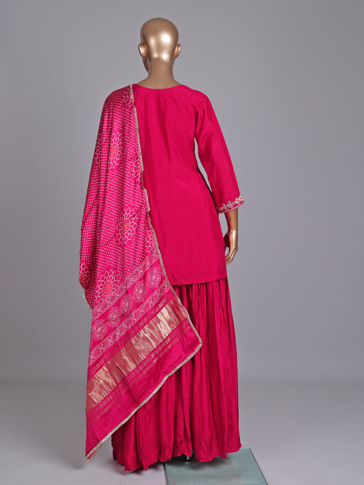 Rani pink silk yoke style palazzo suit with dupatta