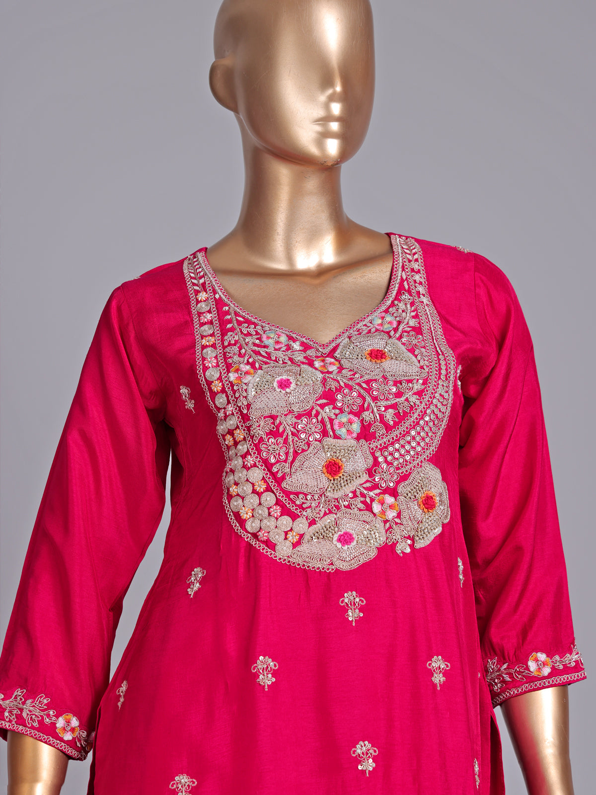 Rani pink silk yoke style palazzo suit with dupatta