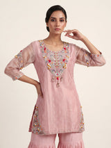 Light peach silk designer sharara suit with ornate embellishments