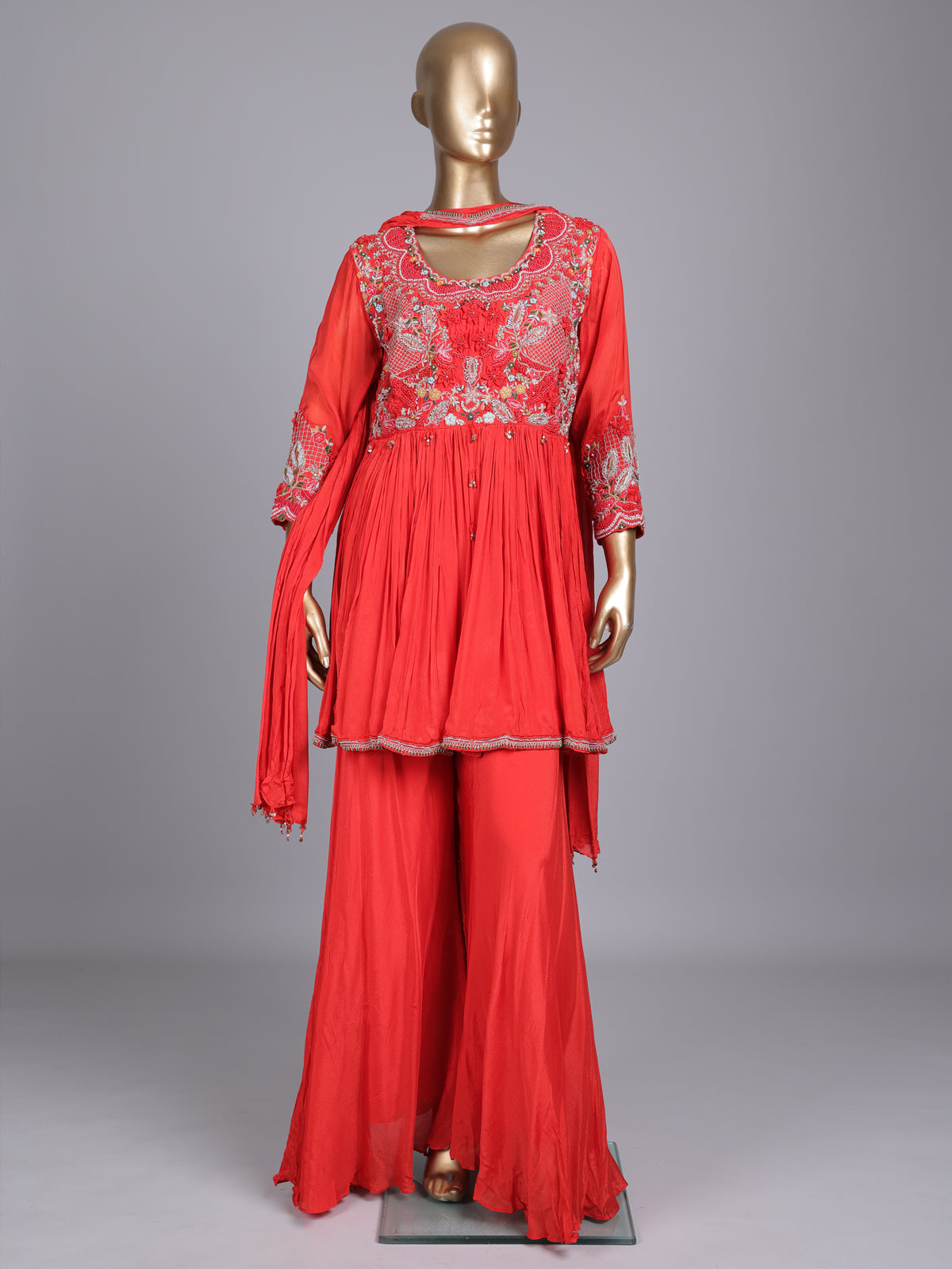 Rust red chiffon silk palazzo suit with pearl embellishments
