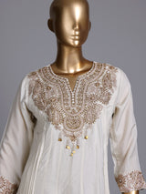 Off white silk sweetheart anarkali suit with yoke style and dupatta