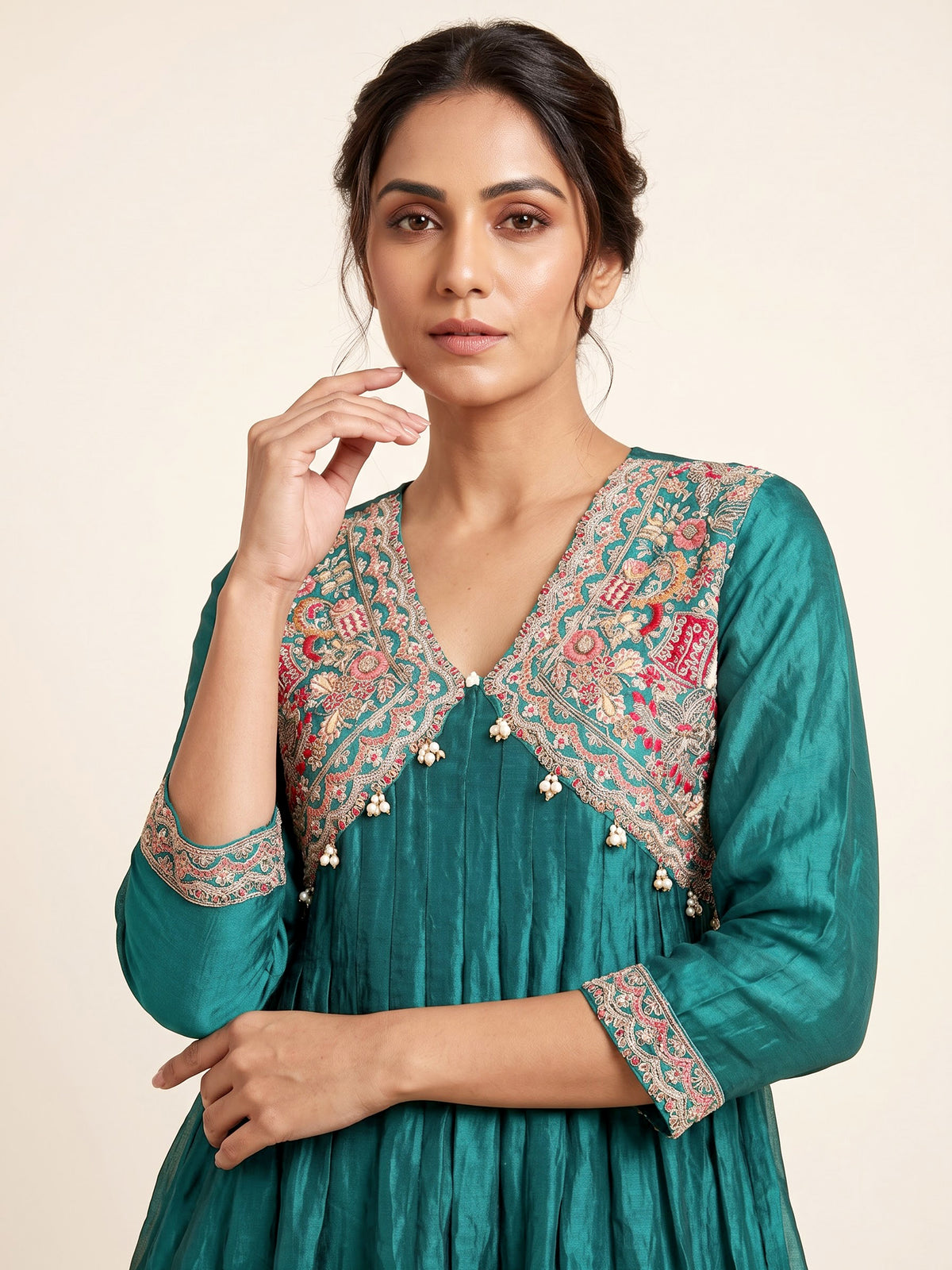 Rama green tissue silk designer palazzo suit with cutdana