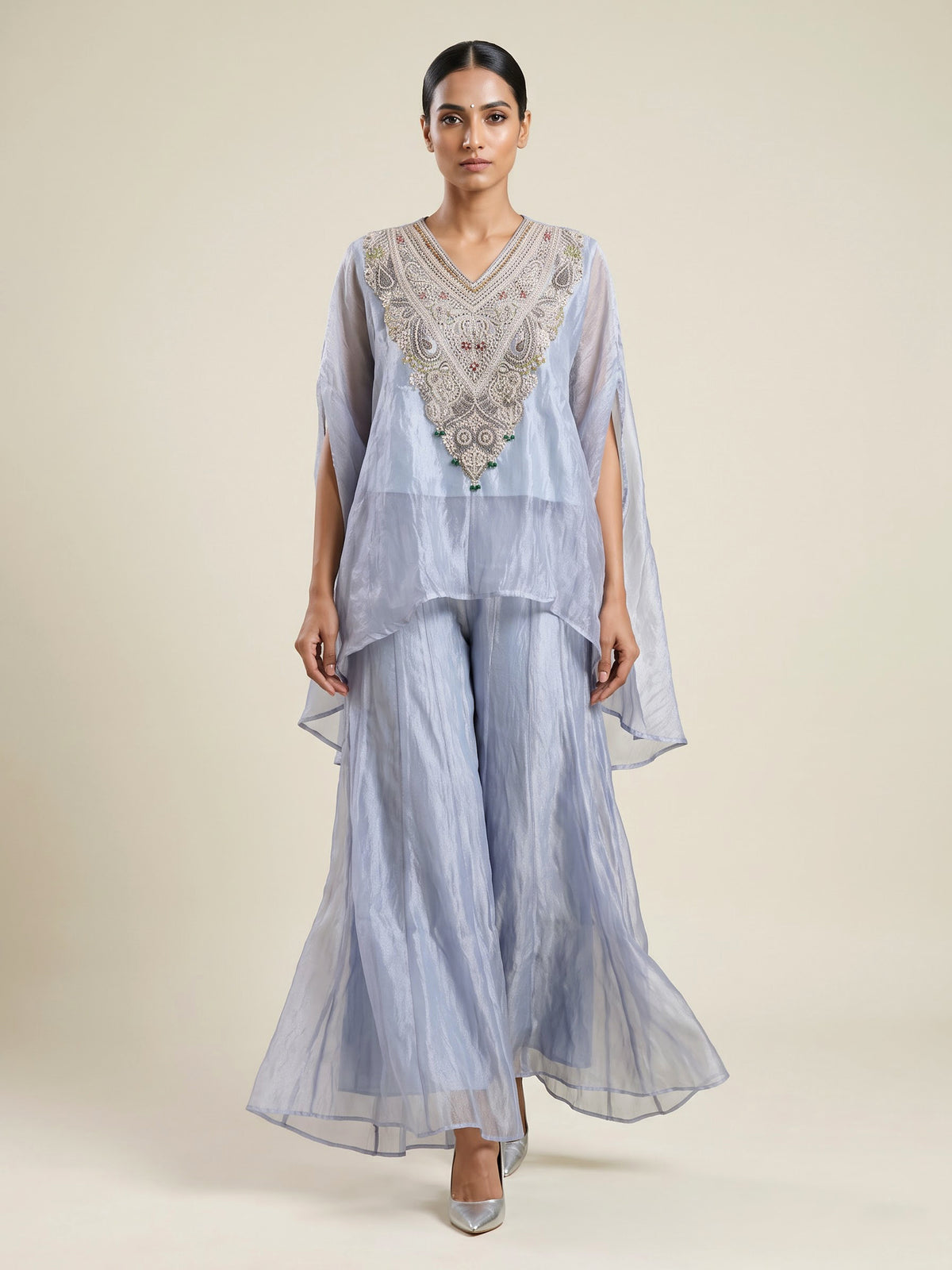 Stone grey organza tissue designer palazzo suit with tassel work