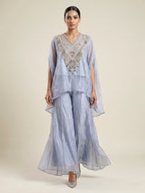 Stone grey organza tissue designer palazzo suit with tassel work