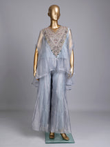 Stone grey organza tissue designer palazzo suit with tassel work