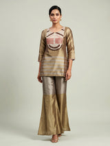 Gold silk yoke style palazzo suit with zardosi and pearls