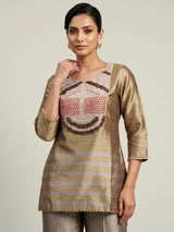 Gold silk yoke style palazzo suit with zardosi and pearls
