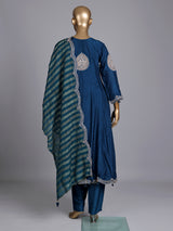 Rama blue silk anarkali suit with keyhole neckline and dupatta