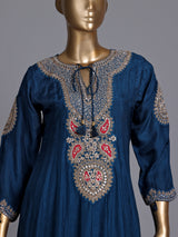 Rama blue silk anarkali suit with keyhole neckline and dupatta