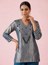Peacock blue silk yoke style palazzo pant suit with embellishments