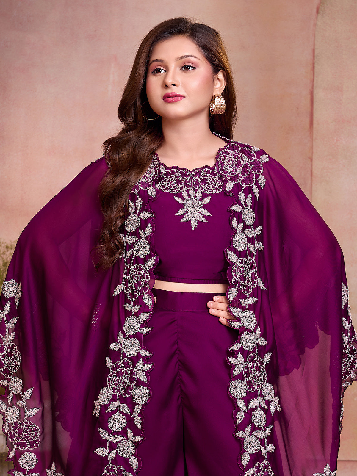 Wine silk blend girls designer palazzo suit