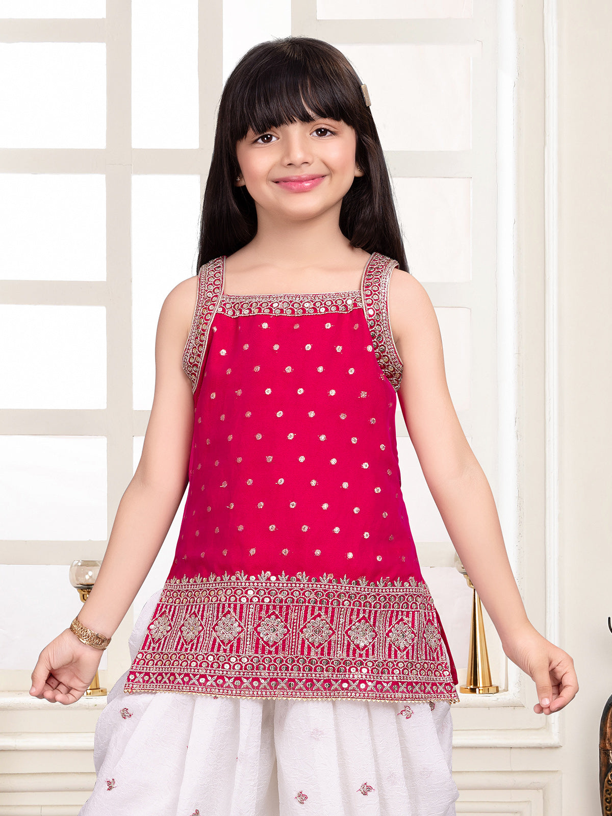 Rani pink silk blend girls embroidered salwar suit