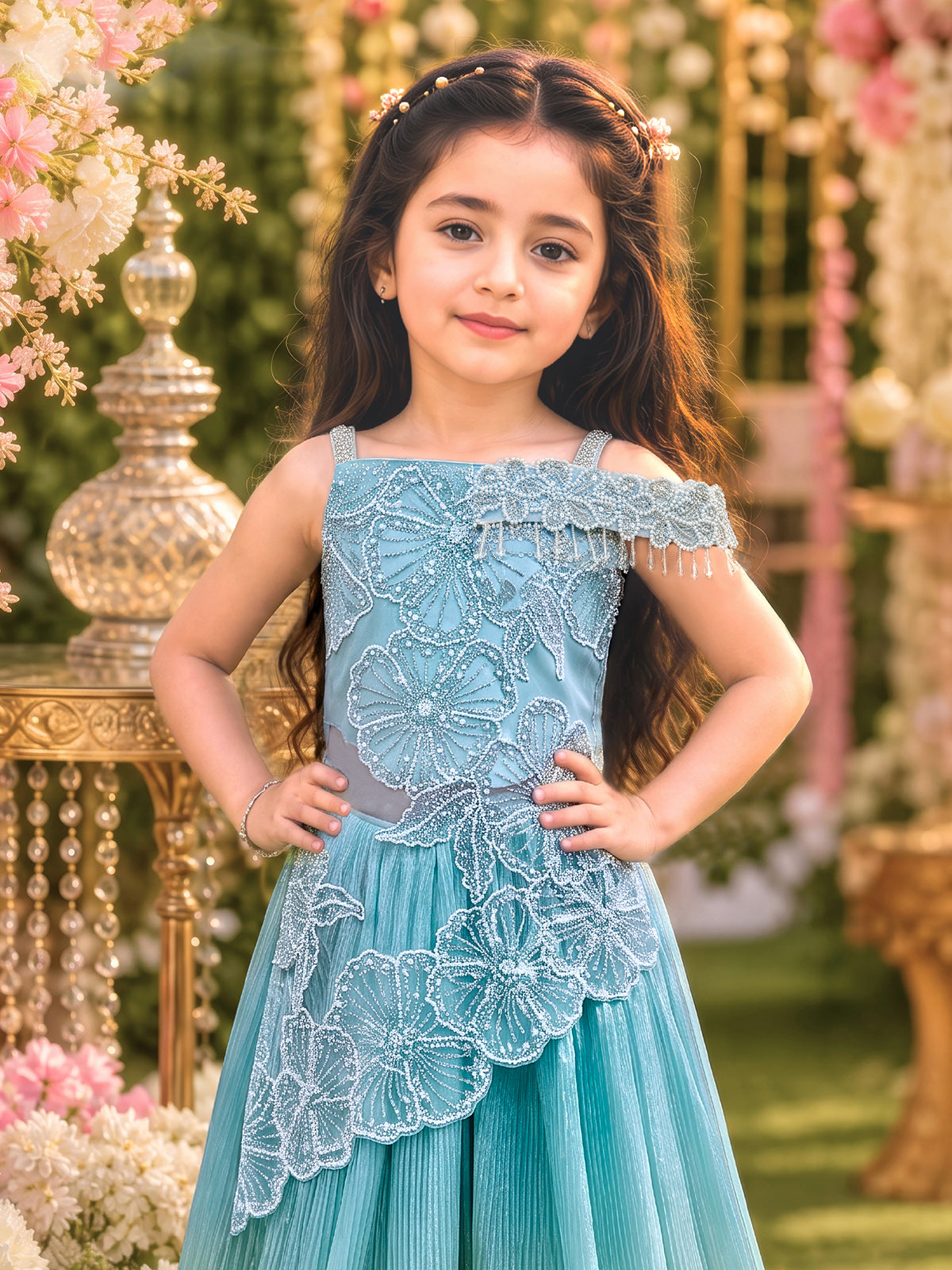 Blue crepe silk girls designer palazzo suit