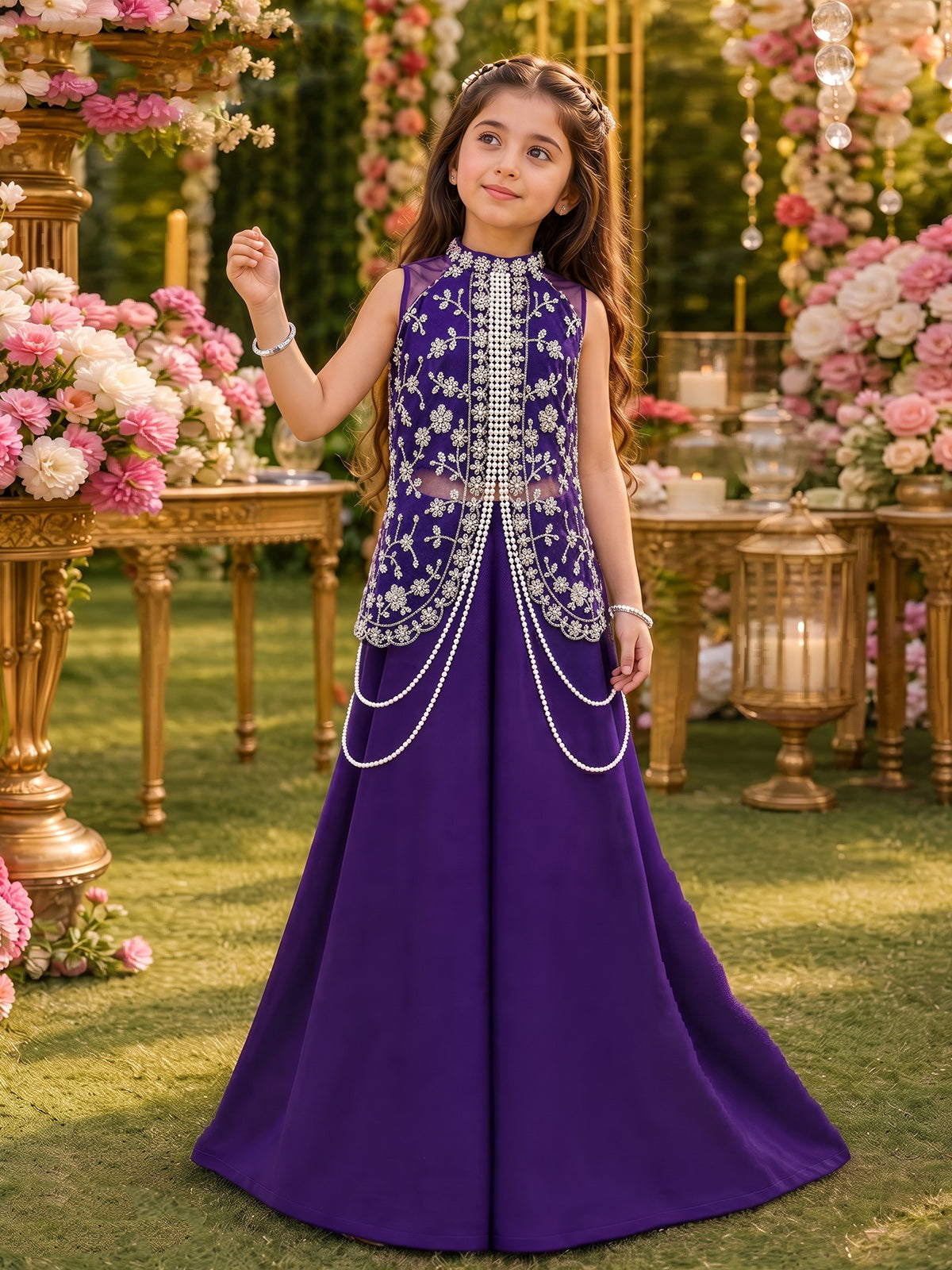 Purple organza blend girls designer palazzo suit