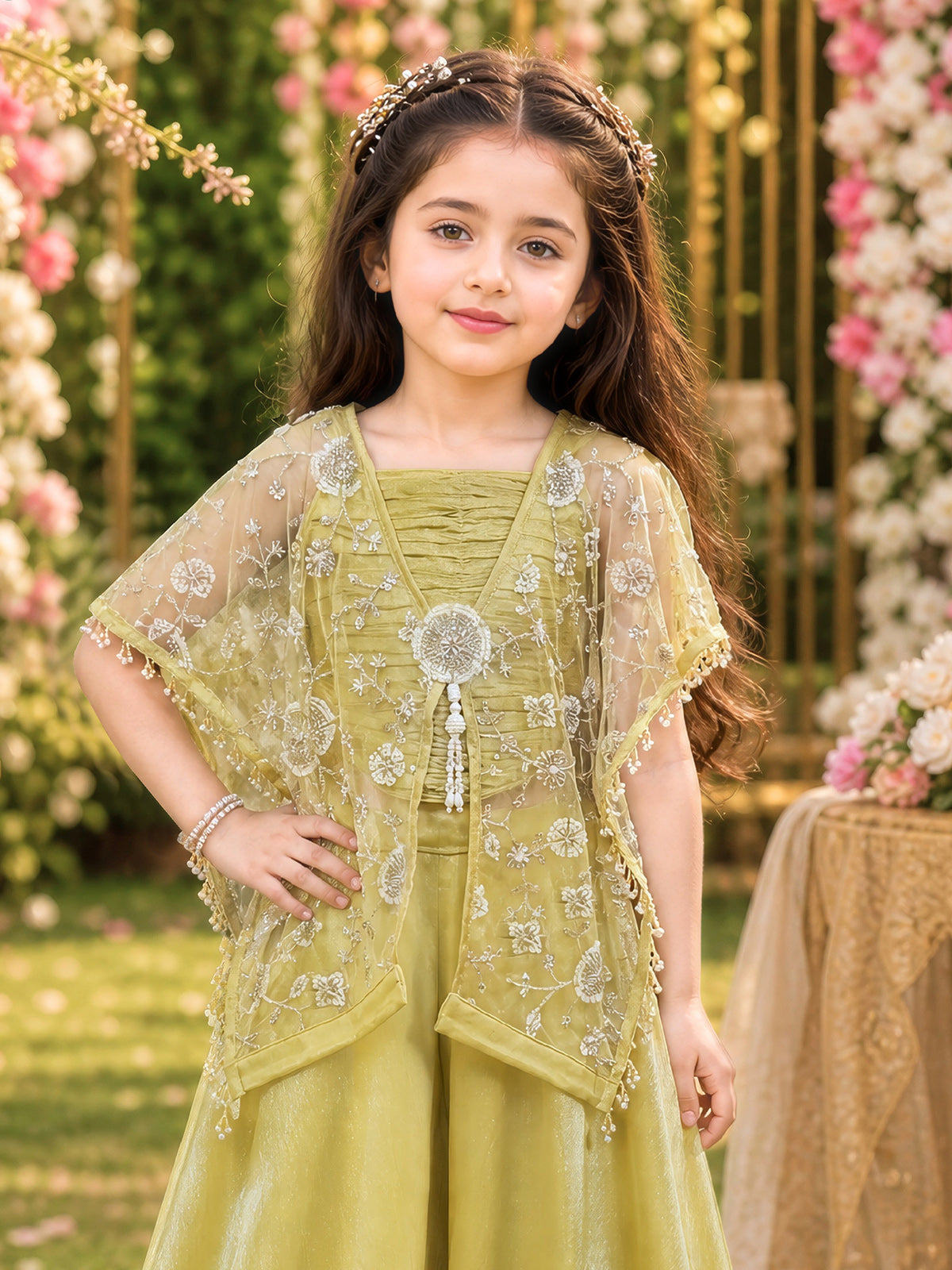Mehendi green organza silk girls designer palazzo suit