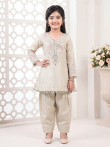Cream silk girls mirror embellished salwar suit