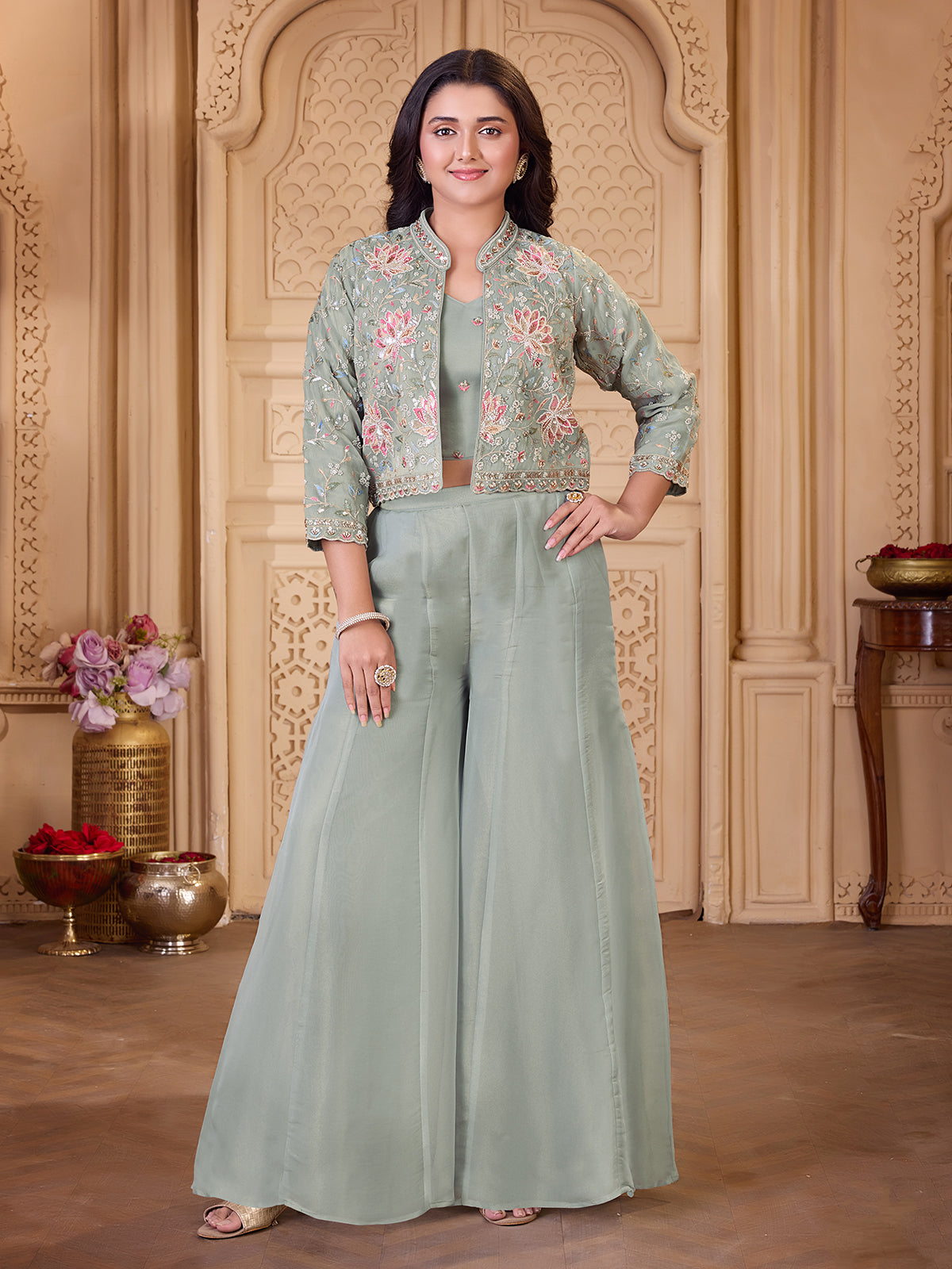 Pista green tissue silk girls designer palazzo suit