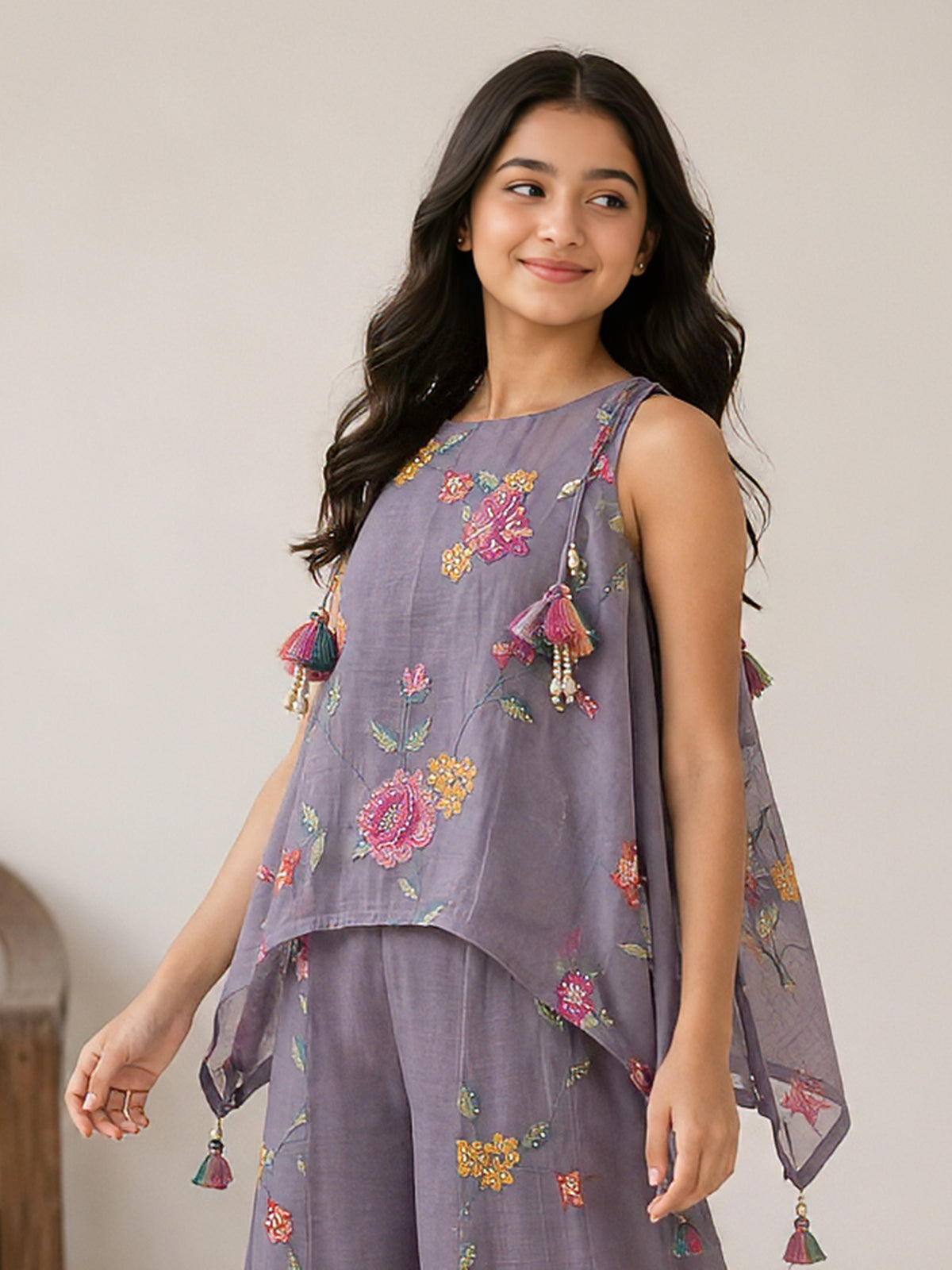 Dusty lavender cotton tissue girls palazzo suit