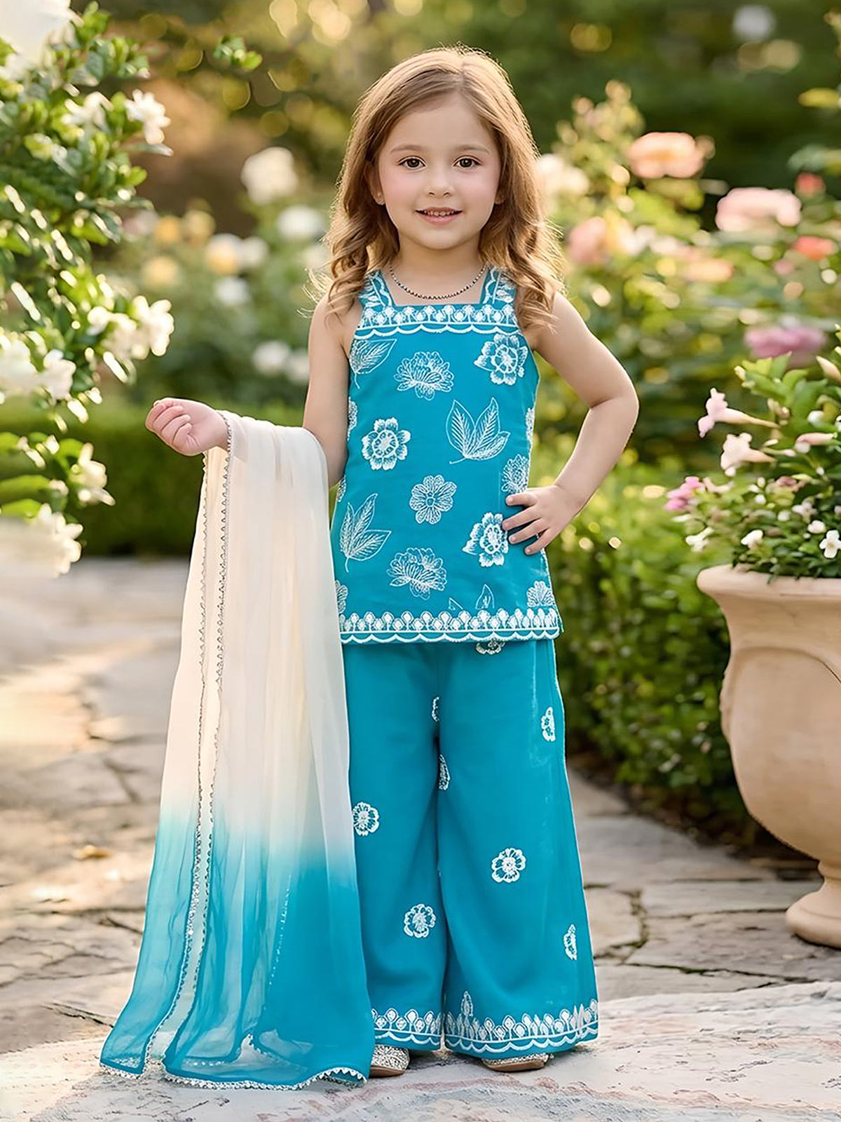 Aqua blue cotton silk girls palazzo suit