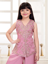 Pastel onion pink shimmer silk girls palazzo suit