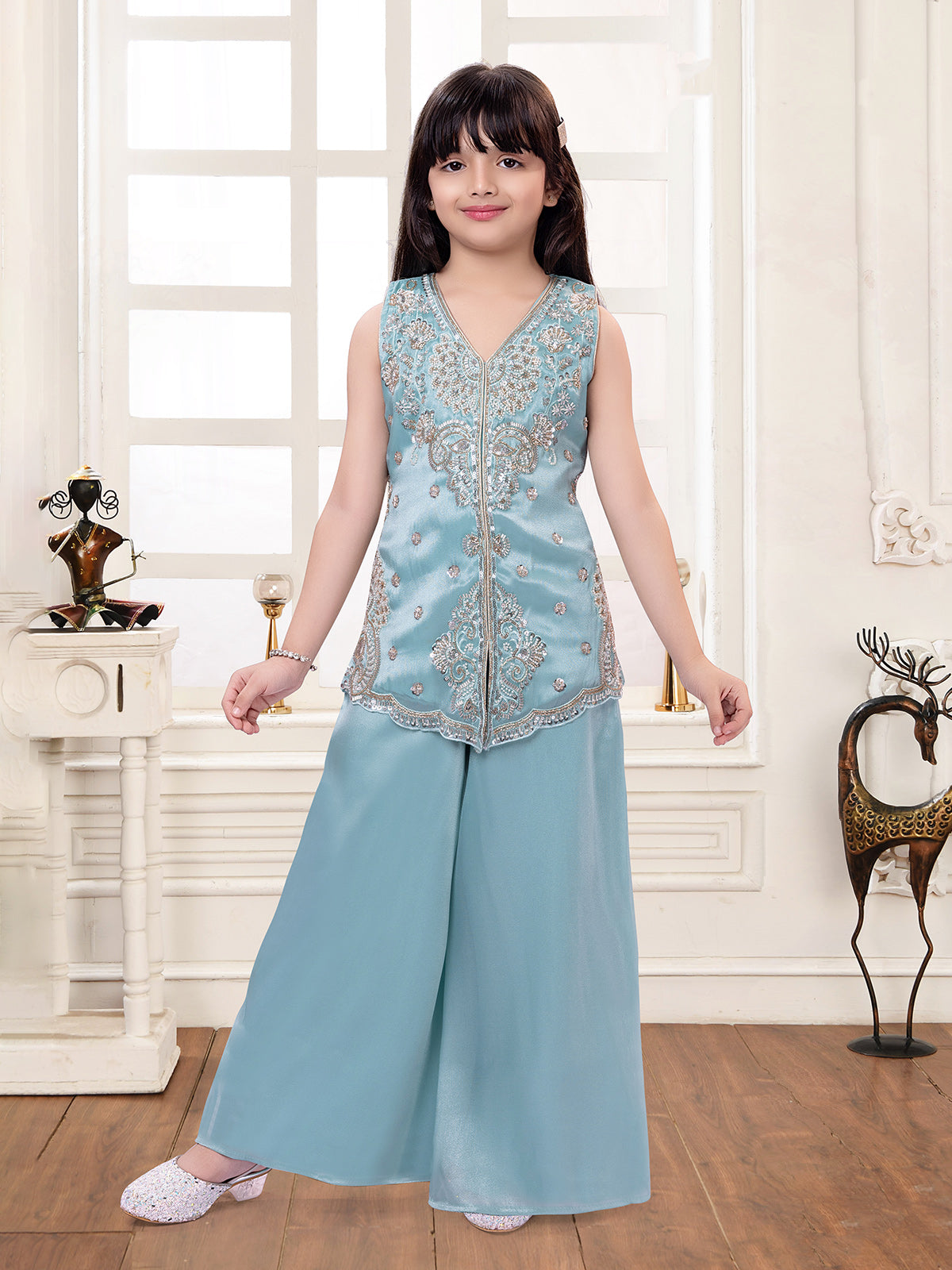Pastel blue shimmer silk girls palazzo suit