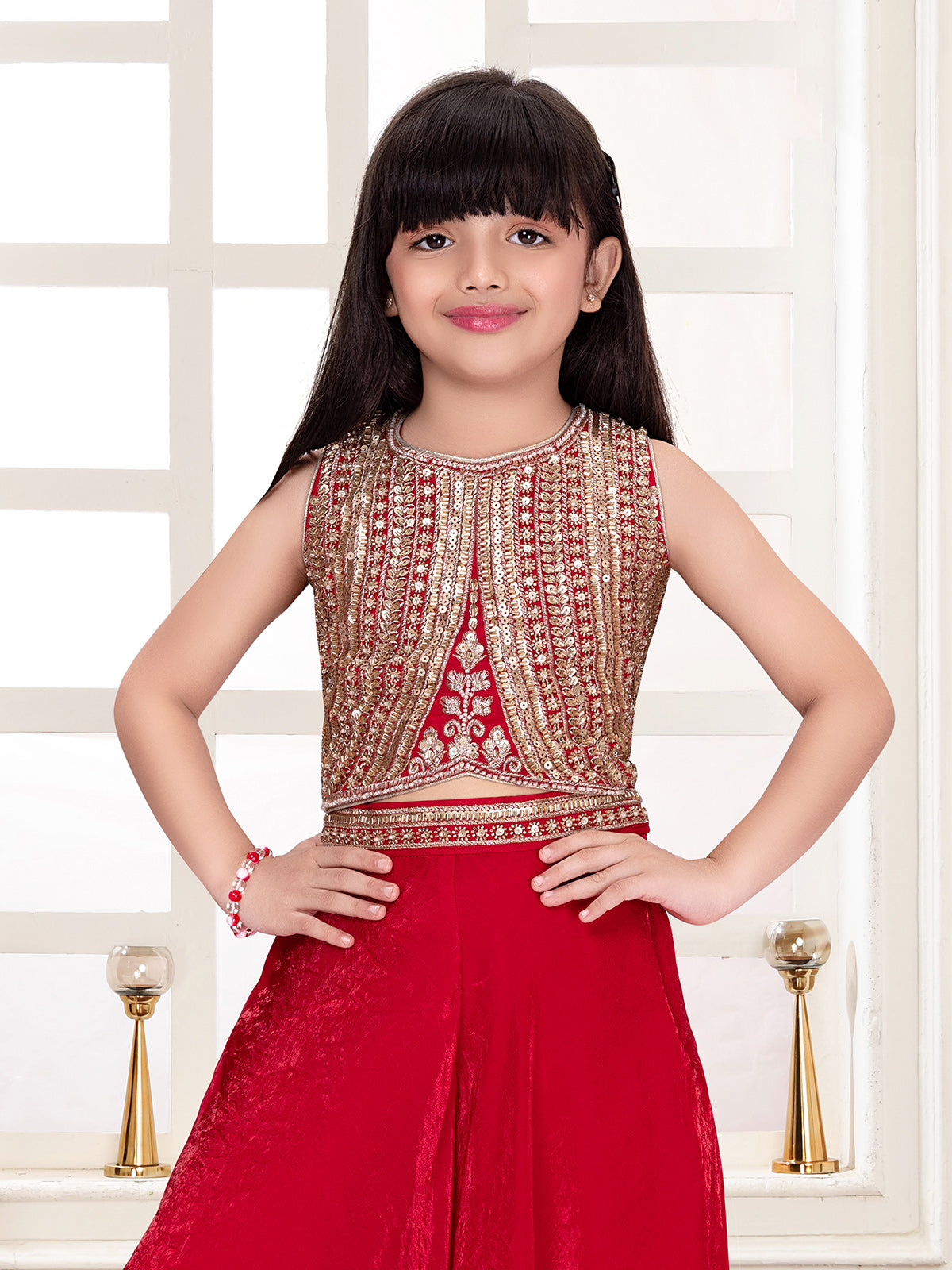 Pastel red tissue silk girls palazzo suit