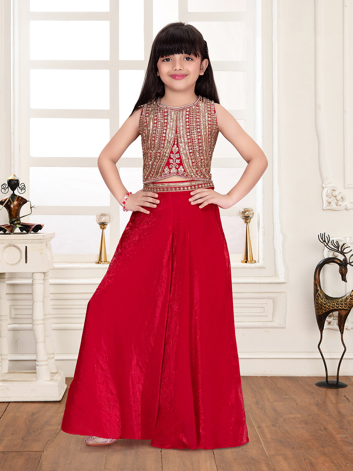 Pastel red tissue silk girls palazzo suit